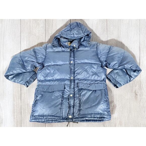 Vtg Ski Daddle Pack-In Products Duck Down Puffer Blue Jacket W/ Hood Size XL